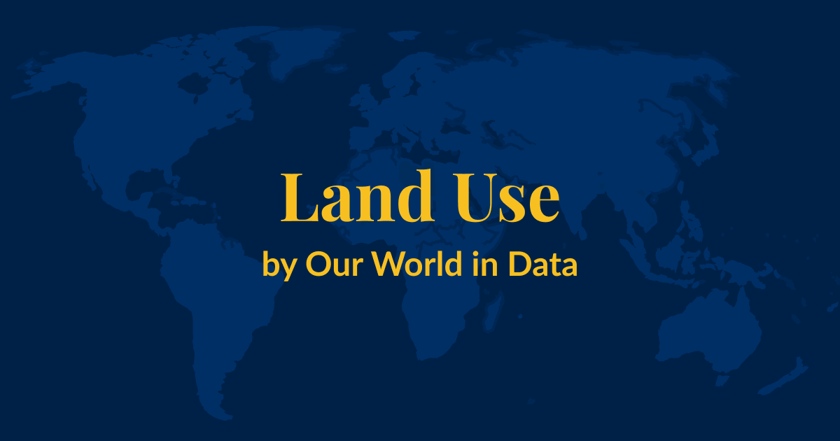 A dark blue background with a lighter blue world map superimposed over it. Yellow text that says Land Use by Our World in Data