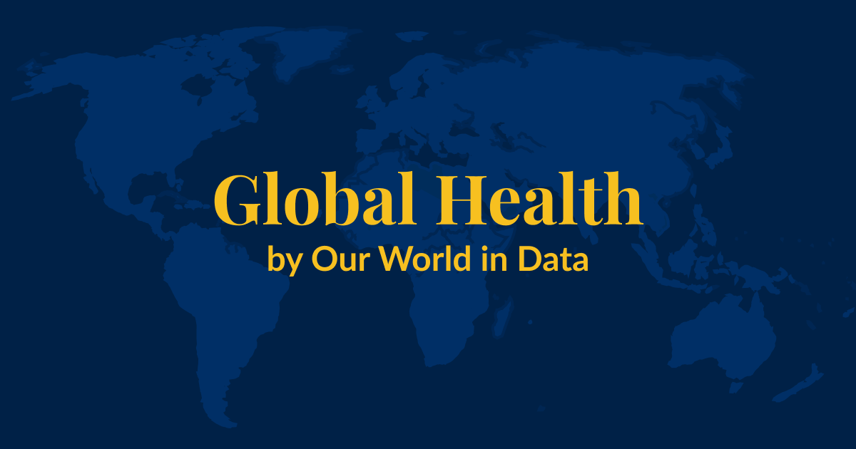 A dark blue background with a lighter blue world map superimposed over it. Yellow text that says Global Health by Our World in Data