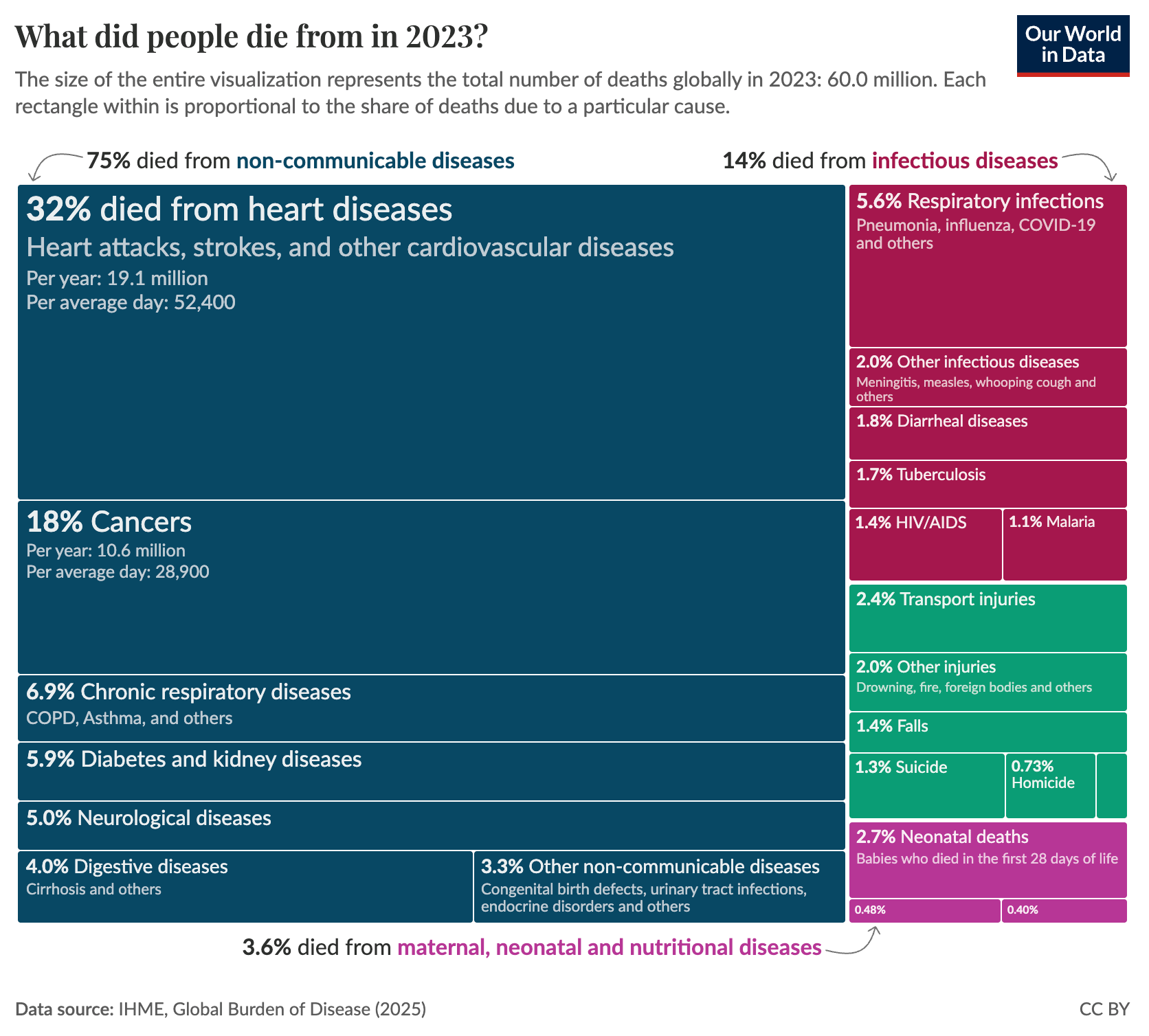 Treemap of global causes of death in 2023 showing the share of 60.0 million deaths by cause, where heart diseases are the largest single cause (32%) followed by cancers (18%), non-communicable diseases make up about 75% of deaths while infectious diseases are about 14% and maternal/neonatal/nutritional causes about 3.6%. Data source: IHME, Global Burden of Disease (2025). License: CC BY.