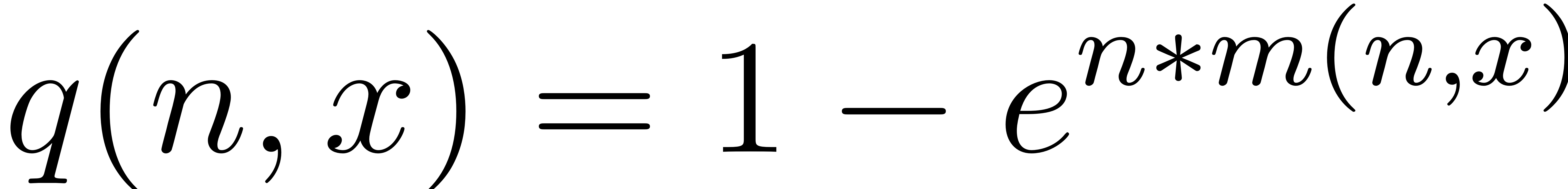 The image contains a mathematical equation expressed in a stylized font. It reads: "q(n, x) = 1 - e raised to the power of n multiplied by m(n, x)." The variables involved are "n" and "x," along with the constant "e," commonly used to denote the base of the natural logarithm. The equation demonstrates a relationship or formula involving these elements.