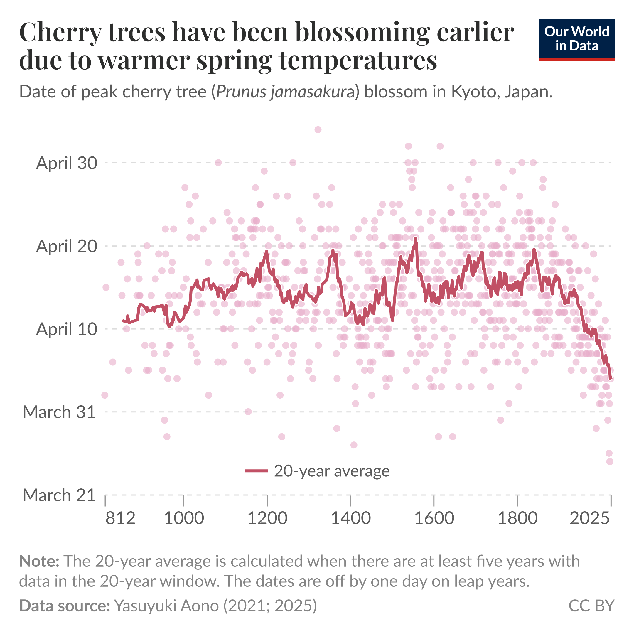 Scatter plot of recorded dates of peak Prunus jamasakura blossom in Kyoto from year 812 to 2025, with individual observations and a 20-year average line, where the long-term trend shows peak bloom shifting earlier in the year (dates range from March 21 to April 30), indicating blossoms occur earlier in recent decades. Source: Yasuyuki Aono (2021; 2025). License: CC BY.