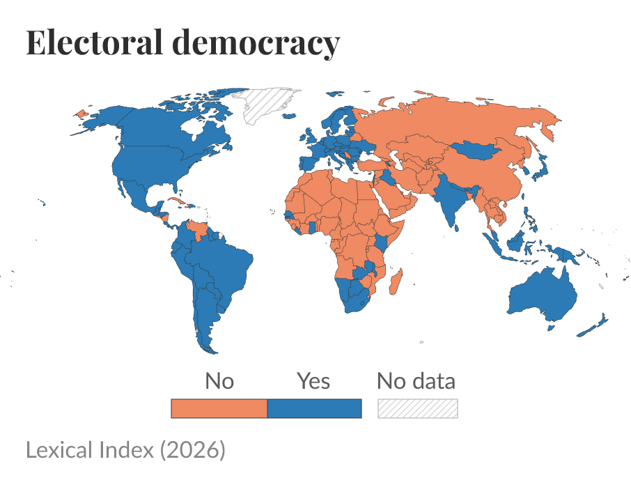 World map of which countries were classified as an electoral democracy by the Lexical Index of Electoral Democracy in 2025, and which were not.