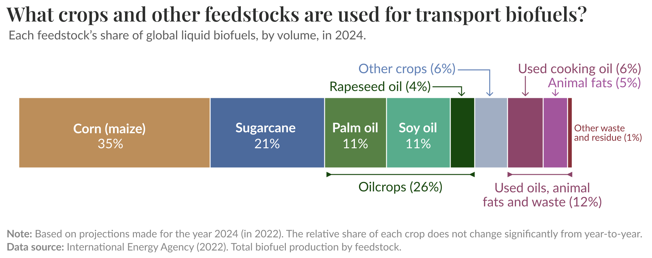 What crops and other feedstocks are used for transport biofuels?

A horizontal stacked-bar chart showing each feedstock’s share of global liquid biofuels by volume in 2024. From largest to smallest, the segments are: Corn (maize) 35%; Sugarcane 21%; Oilcrops total 26%, made up of Palm oil 11%, Soy oil 11%, and Rapeseed oil 4%; Other crops 6%; Used cooking oil 6%; Animal fats 5%; Other waste and residue 1%. Annotations group oilcrops as 26% and used oils, animal fats and waste as 12%. Note: figures are projections for 2024 made in 2022; data source is the International Energy Agency (2022), total biofuel production by feedstock.
