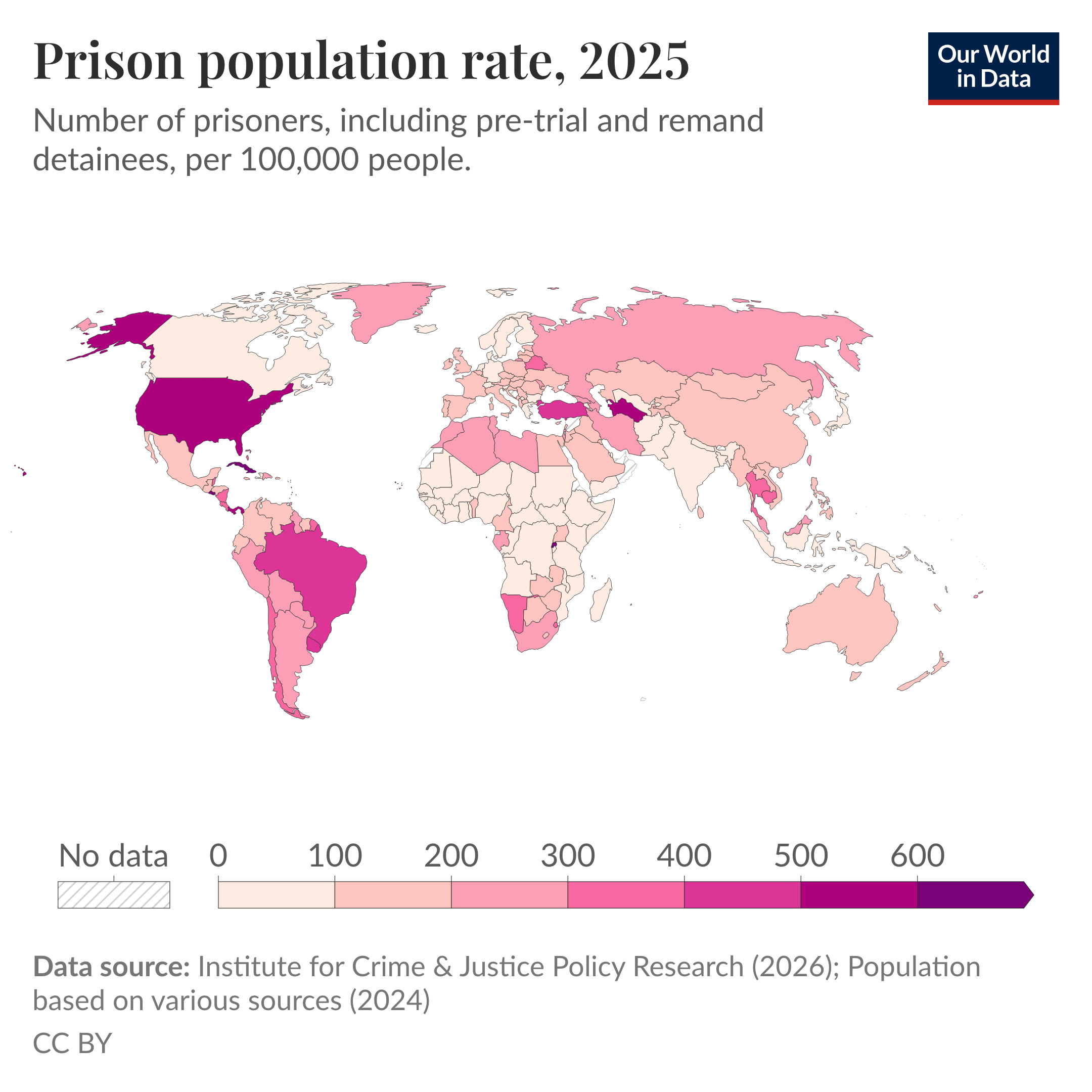 Prison population rate, 2025. World choropleth map showing number of prisoners, including pre-trial and remand detainees, per 100,000 people. Data source: Institute for Crime & Justice Policy Research (2026); Population based on various sources (2024). CC BY. Our World in Data logo in the top right.