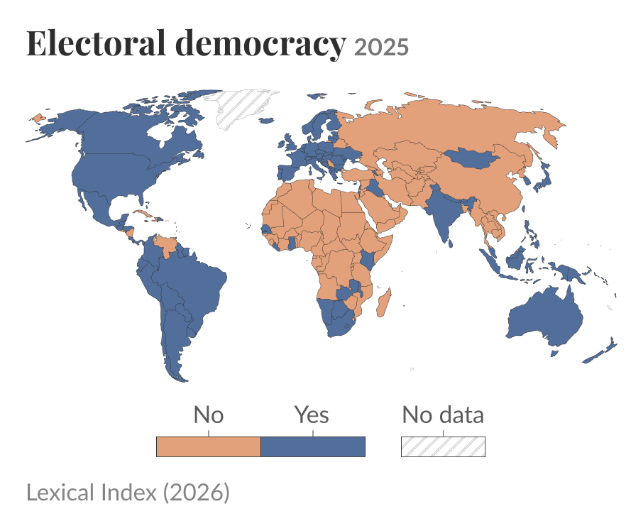 World map of which countries were classified as an electoral democracy by the Lexical Index of Electoral Democracy in 2025, and which were not.