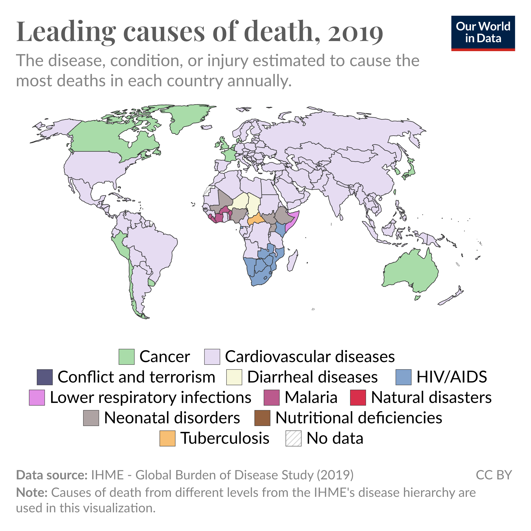 The leading cause of death in each country, shown on a map.