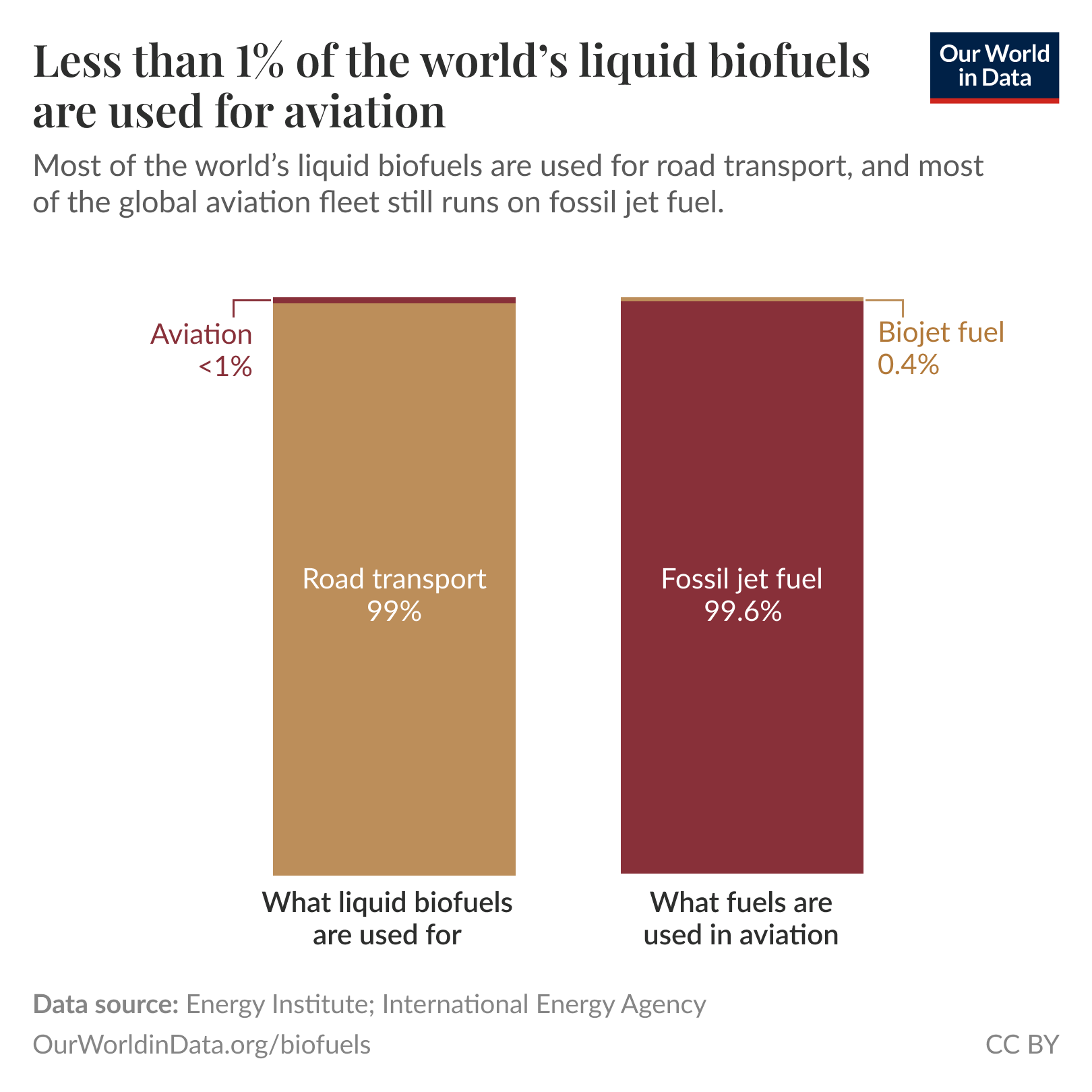 Less than 1% of the world's liquid biofuels are used for aviation

Two vertical bars comparing uses. Left bar titled "What liquid biofuels are used for" shows road transport 99% and aviation <1%. Right bar titled "What fuels are used in aviation" shows fossil jet fuel 99.6% and biojet fuel 0.4%. Key point: most liquid biofuels go to road transport and almost all aviation fuel is fossil jet fuel. Data source: Energy Institute; International Energy Agency.