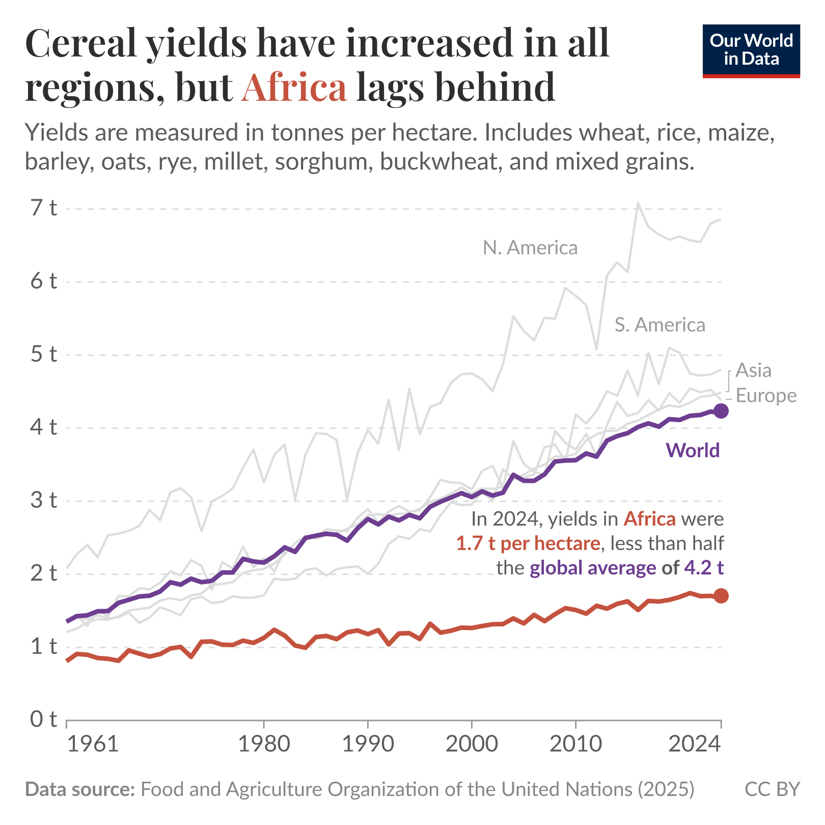 Line chart of cereal yields (tonnes per hectare) by region from 1961 to 2024 where yields have risen in all regions but Africa remains much lower than the global trend. In 2024, Africa's yield is shown as 1.7 tonnes per hectare compared with the global average of 4.2 tonnes per hectare. Source: Food and Agriculture Organization of the United Nations (2025). License: CC BY.