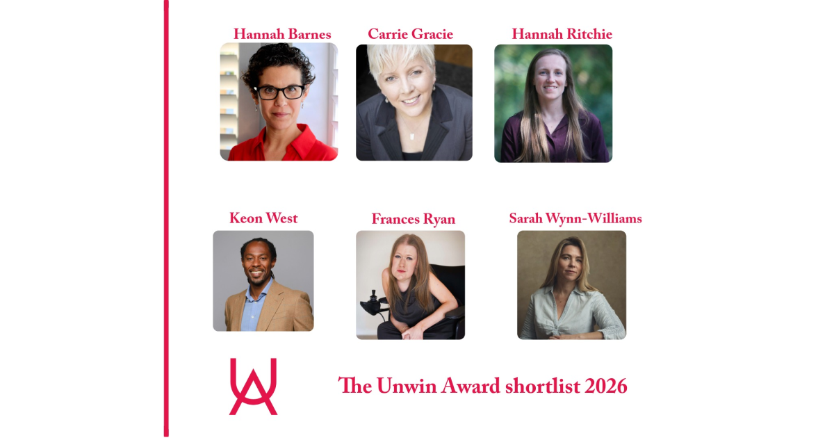 An image showing the six authors shortlisted for the 2026 Unwin Award. Hannah Ritchie of Our World in Data is one of the authors.