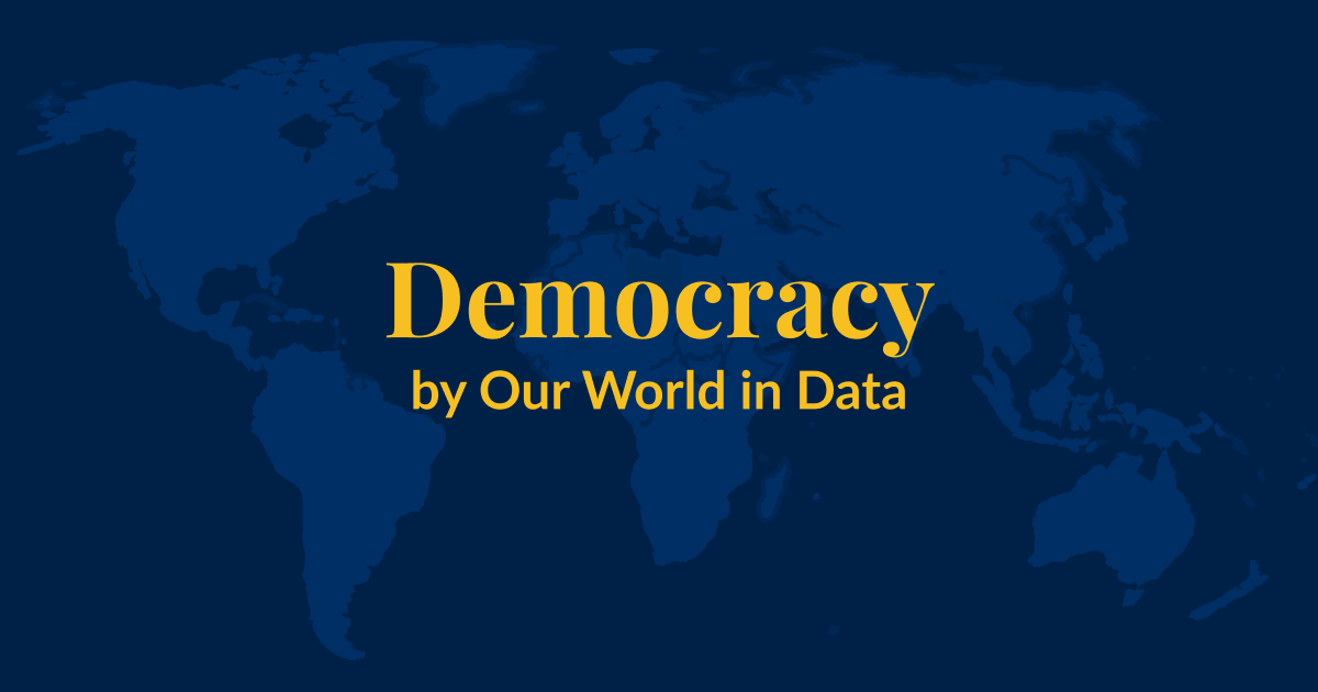 Featured image for the Democracy topic page. Stylized world map with topic name on top.