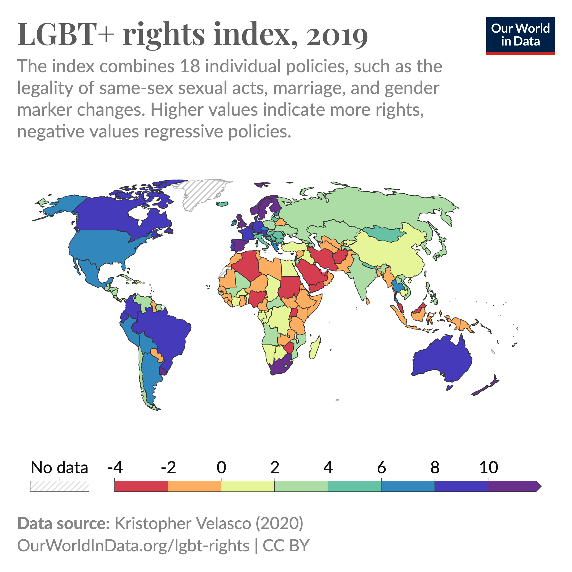 Map showing a map of the LGBT+ rights index for 2019, which combines information on policies such as the legality of same-sex sexual acts, marriage, and gender marker changes to show that LGBT+ rights vary a lot across countries.