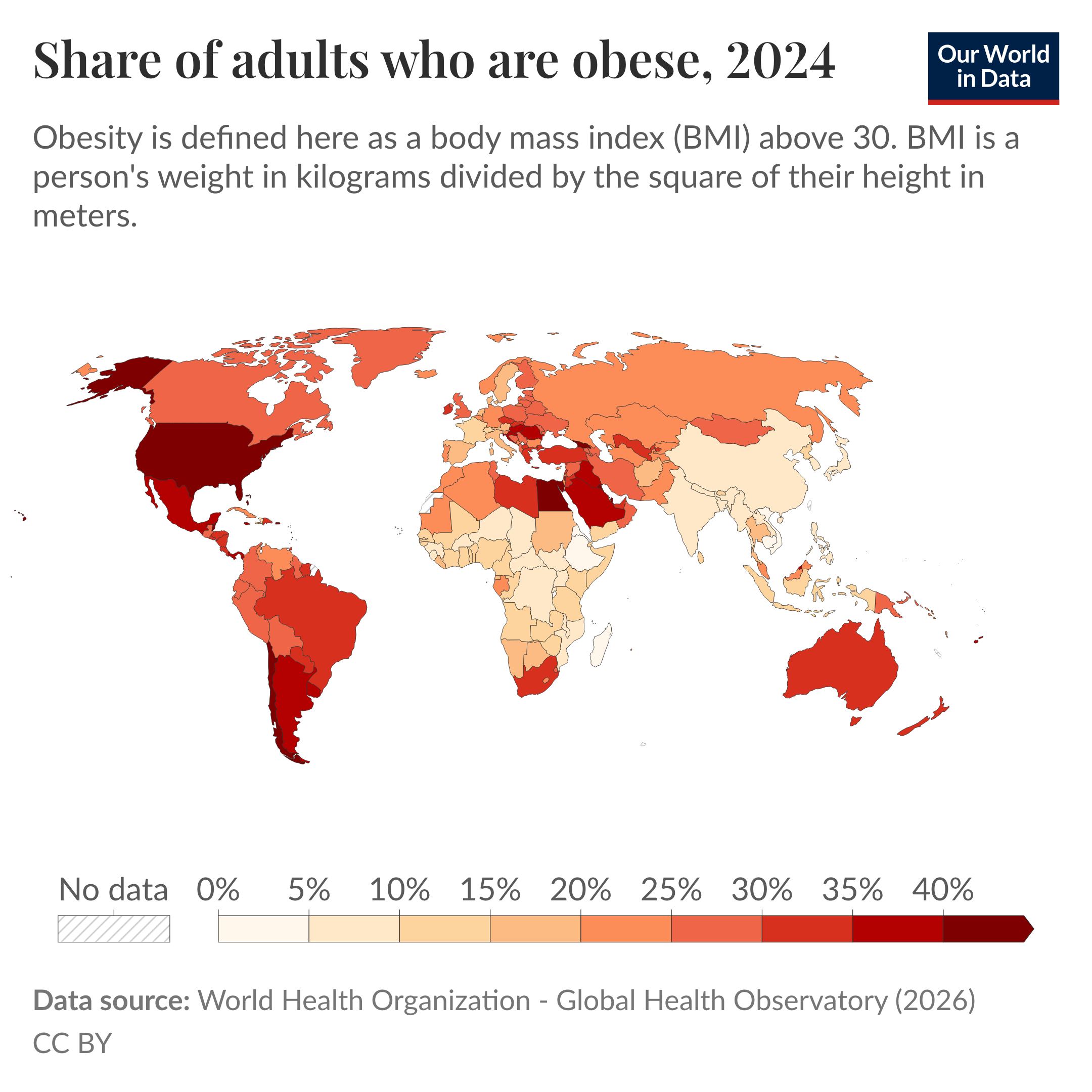 Choropleth world map of national shares of adults who are obese in 2024, where obesity is defined as a body mass index above 30 and the map highlights geographic differences in adult obesity prevalence. It shows generally higher obesity rates in North America, parts of the Middle East, Oceania and southern Latin America, and lower rates across much of Africa and South Asia. Source: World Health Organization – Global Health Observatory (2026). License: CC BY.