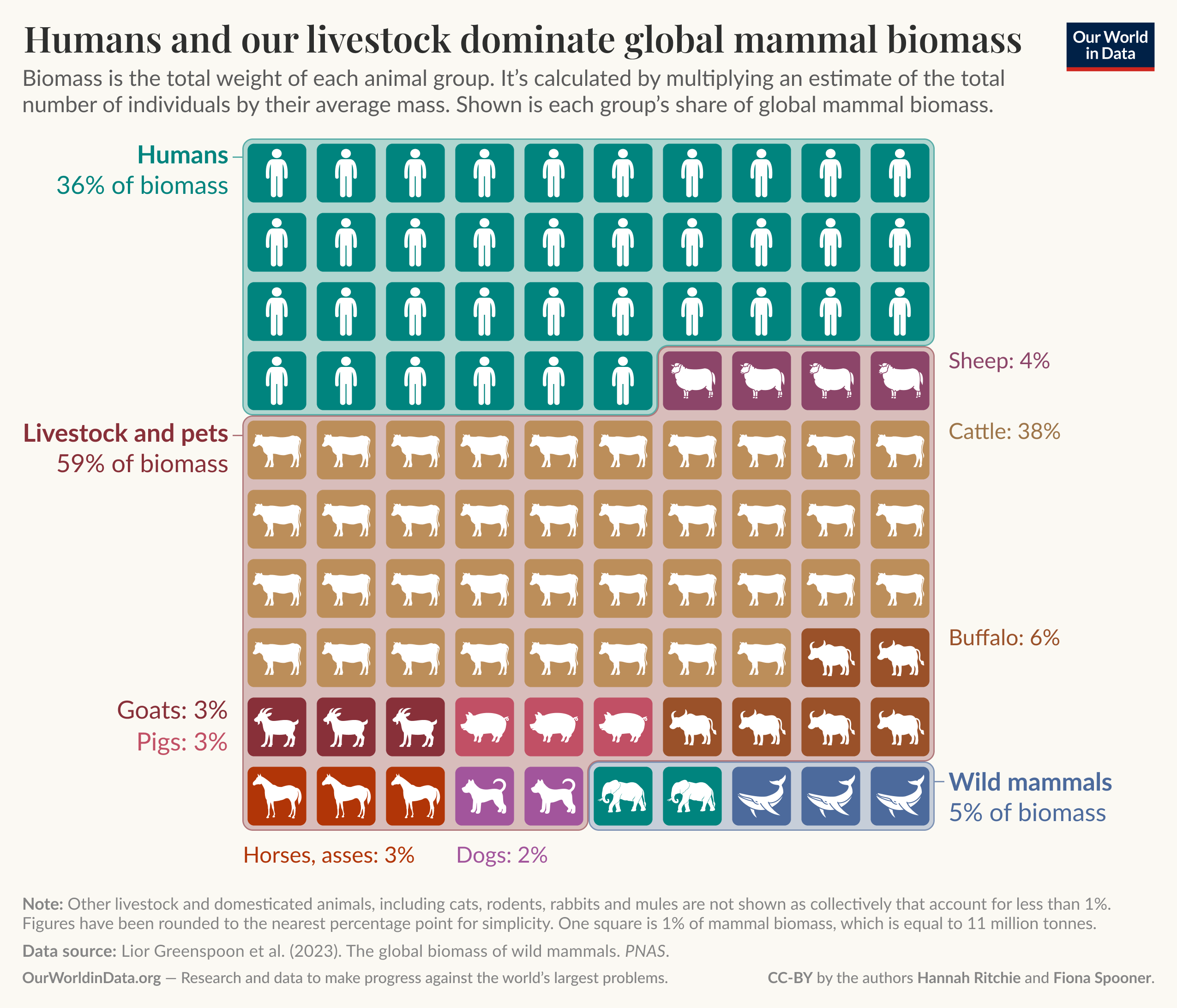 The visual representation illustrates the global biomass of various animal groups, emphasizing the dominance of humans and livestock. Humans constitute 36% of total biomass, depicted by a grouping of figures representing people. Livestock and pets collectively make up 59% of biomass, represented below humans.

Within the livestock category, cattle are noted as the largest contributors at 38%, followed by sheep at 4%, buffalo at 6%, and goats and pigs, both at 3%. Horses, asses, and dogs each account for 3% and 2% respectively. 

Wild mammals, positioned at the bottom, represent only 5% of total biomass, illustrated by animal figures. 

The footer includes data sourced from Lior Greenspoon et al. in 2023, regarding the global biomass of wild mammals as published in the Proceedings of the National Academy of Sciences. The organization, Our World in Data, is credited for its role in providing research and data pertaining to global issues.
