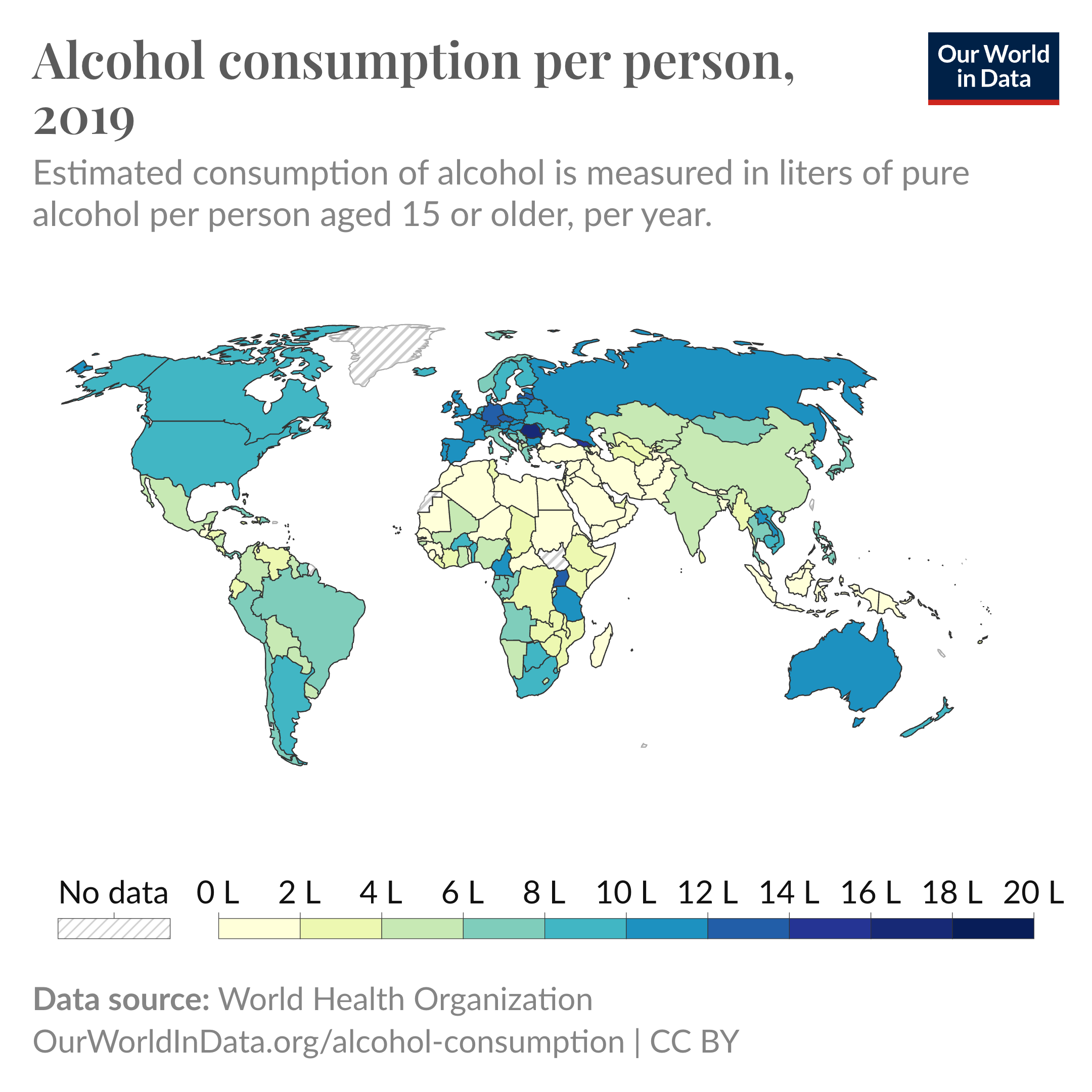 world map showing alcohol consumption per person for 2019, version for mobile