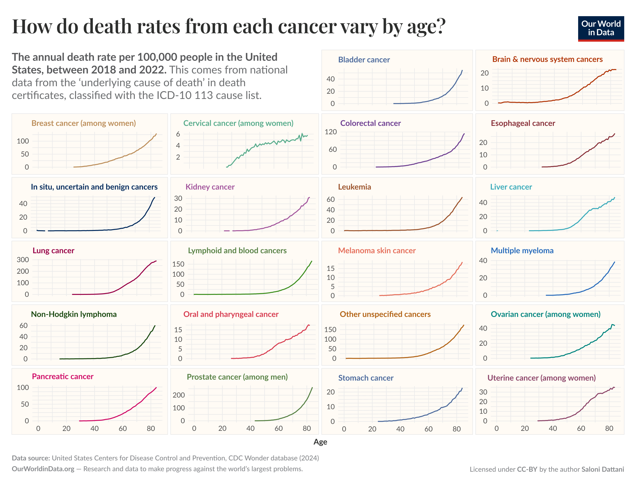 This chart, titled "How do cancer death rates vary by age?", displays the annual cancer death rate per 100,000 people in the United States between 2018 and 2022, using data from death certificates classified by ICD-10 codes. Each subplot represents a different type of cancer, with age on the x-axis and death rate on the y-axis. Each subplot shows a rise in death rates at older ages. This chart is authored by Saloni Dattani and published on "Our World in Data," with data sourced from the United States Centers for Disease Control and Prevention (CDC), Wonder database (2024). The chart is licensed under CC-BY.