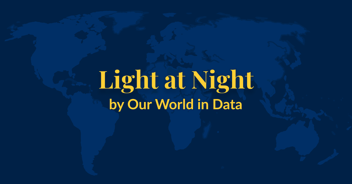 A dark blue background with a lighter blue world map superimposed over it. Yellow text that says Light at Night by Our World in Data