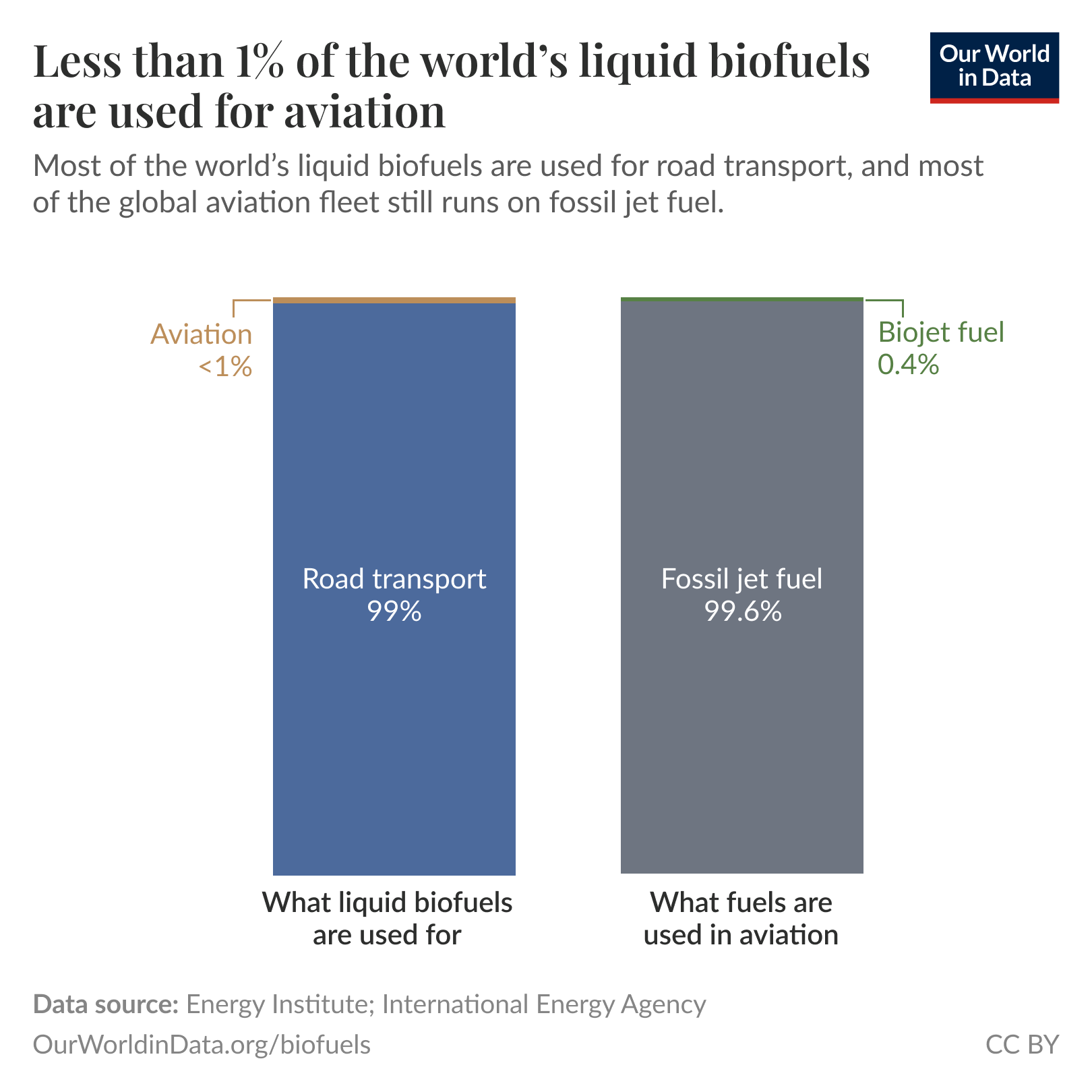 Less than 1% of the world's liquid biofuels are used for aviation

Two vertical bars comparing uses. Left bar titled "What liquid biofuels are used for" shows road transport 99% and aviation <1%. Right bar titled "What fuels are used in aviation" shows fossil jet fuel 99.6% and biojet fuel 0.4%. Key point: most liquid biofuels go to road transport and almost all aviation fuel is fossil jet fuel. Data source: Energy Institute; International Energy Agency.
