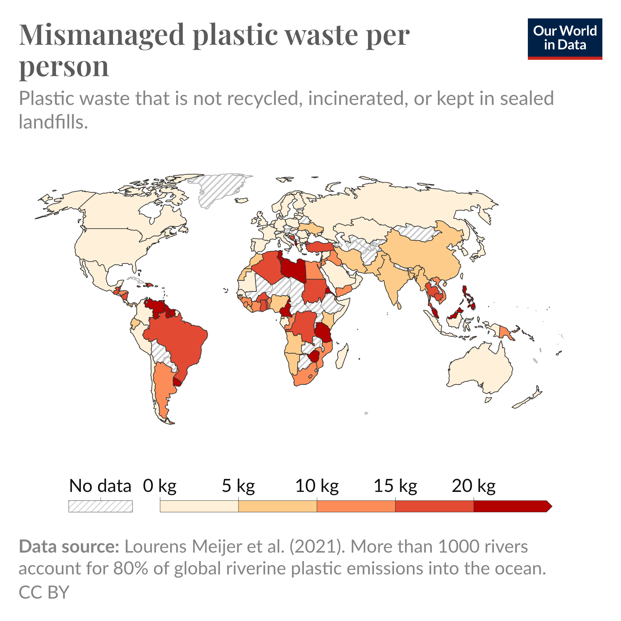 Global map showing mismanaged plastic waste per person. This tends to be higher in low and middle-income countries.