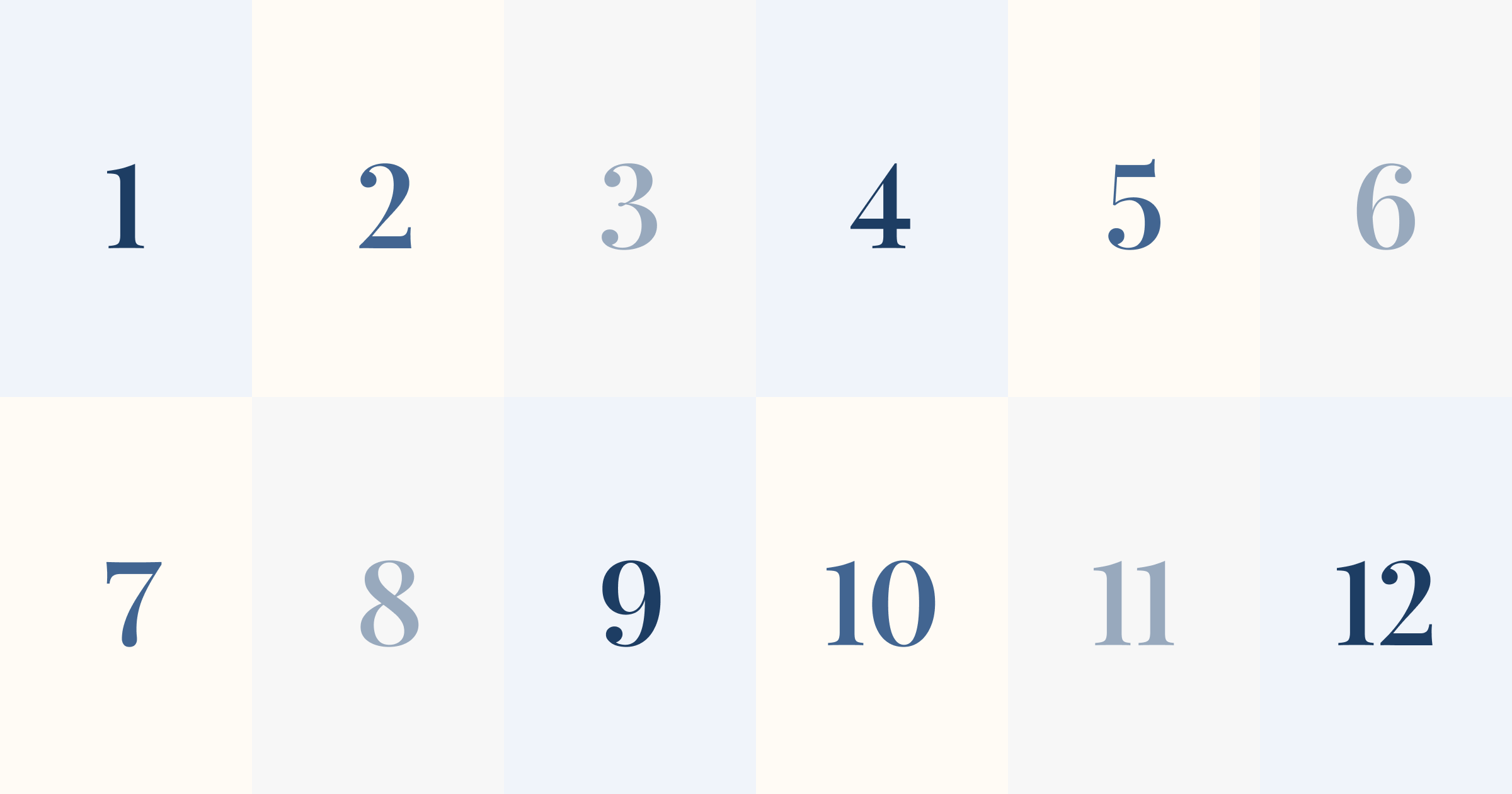 Decorative grid of twelve tiles showing the numbers 1 to 12 arranged left to right in two rows of six.