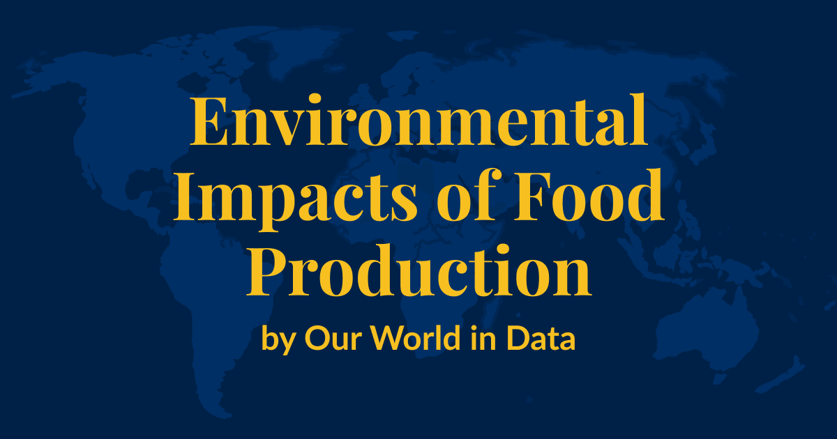 A dark blue background with a lighter blue world map superimposed over it. Yellow text that says Environmental  Impacts of Food Production by Our World in Data