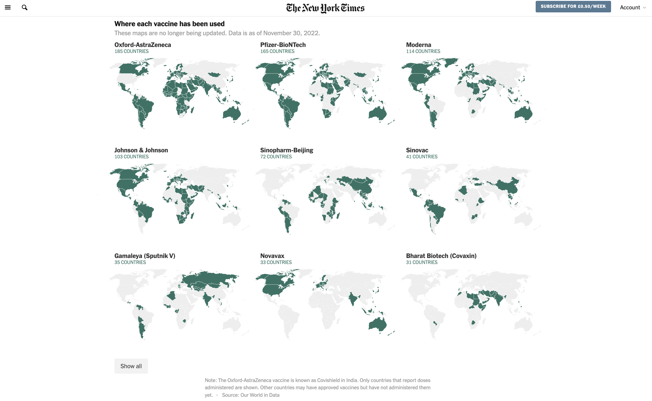 The New York Times’s page tracking coronavirus vaccinations worldwide, with data sourced from Our World in Data. The page can be viewed online.