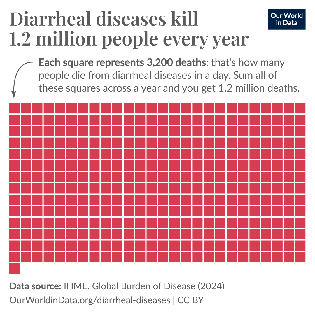 Chart showing the 1.2 million deaths from diarrheal diseases in 2021 (the latest year available), with 365 boxes representing the roughly 3200 deaths that occurred each day.