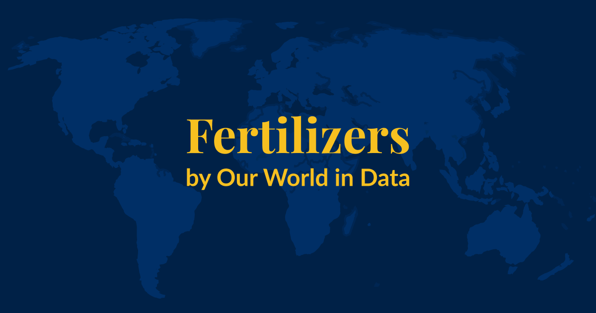 A dark blue background with a lighter blue world map superimposed over it. Yellow text that says Fertilizers by Our World in Data