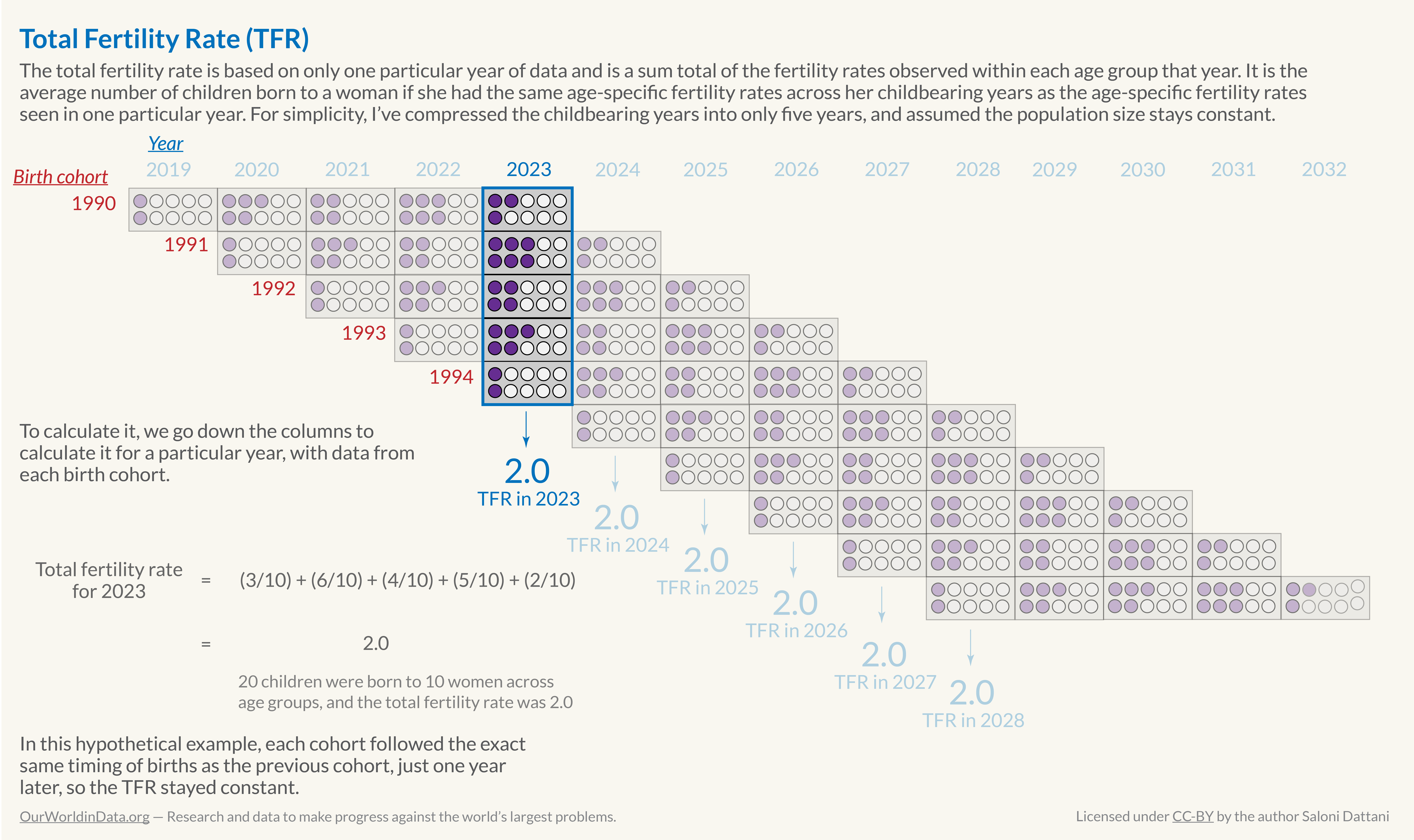 A visual presentation explaining how the total fertility rate is calculated using a hypothetical example. 

The example is shown in a grid, where each row represents a birth cohort (women born in the same year) and each column reflects a particular calendar year when they may give birth. 

Each year shows a set of circles, where filled circles represent births, and empty circles indicate no births. 

The calculation for TFR in 2023 is displayed, breaking down the contribution of births to the total based on the number of women in various age groups, illustrating the formula used to derive the TFR value.

The hypothetical TFR is indicated as 2.0 for each of the years 2023 through 2028. 

The diagram is published by Our World in Data, created by the author Saloni Dattani.