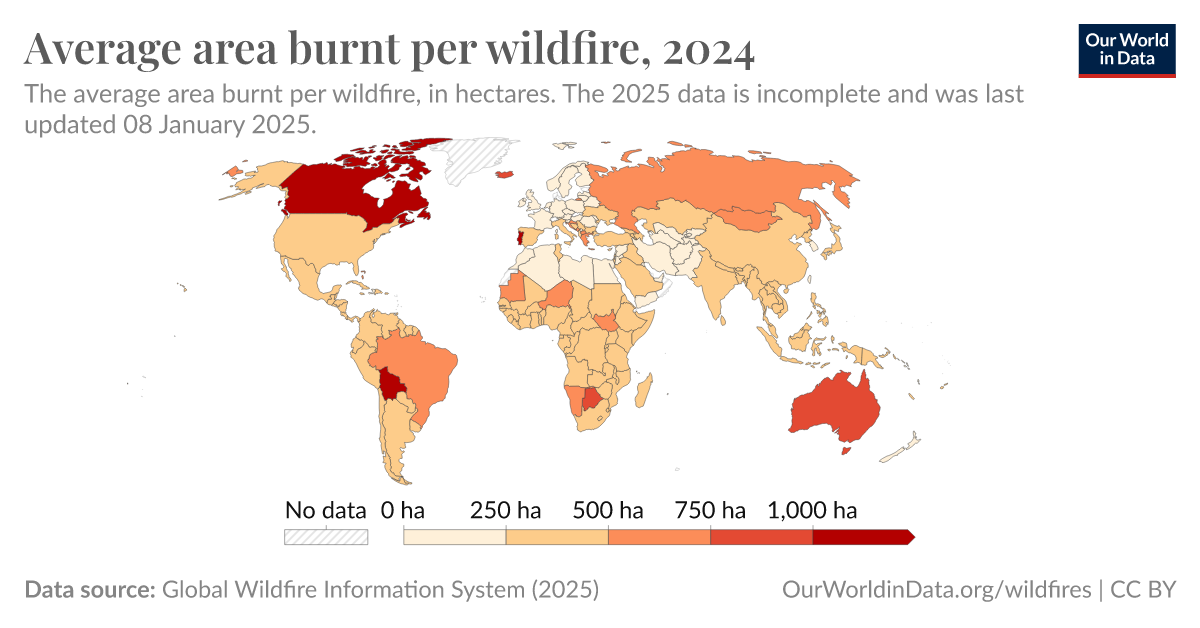 Average area burnt per wildfire - Our World in Data