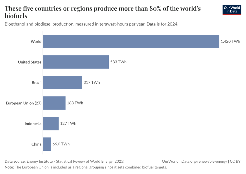 These five countries or regions produce more than 80% of the world's biofuels
