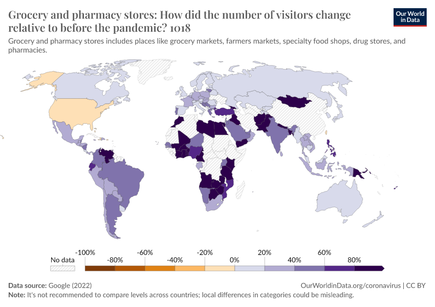 A thumbnail of the "Grocery and pharmacy stores: How did the number of visitors change relative to before the pandemic?" chart