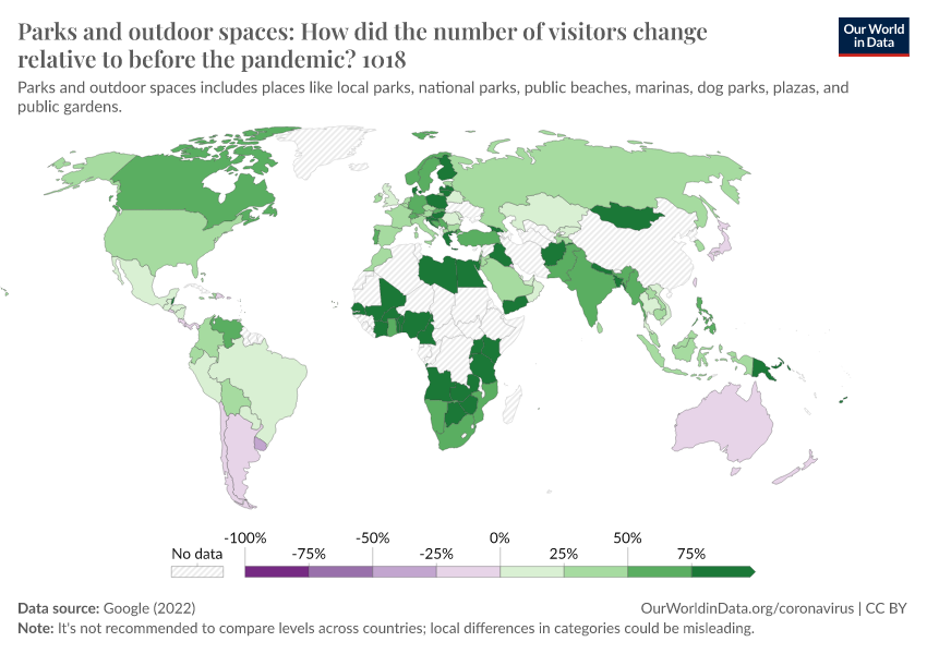 A thumbnail of the "Parks and outdoor spaces: How did the number of visitors change relative to before the pandemic?" chart