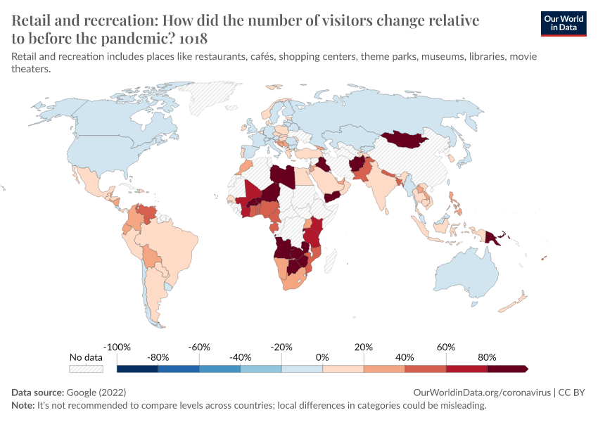 A thumbnail of the "Retail and recreation: How did the number of visitors change relative to before the pandemic?" chart