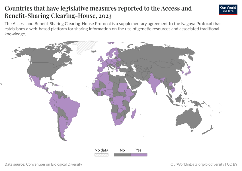 A thumbnail of the "Countries that have legislative measures reported to the Access and Benefit-Sharing Clearing-House" chart