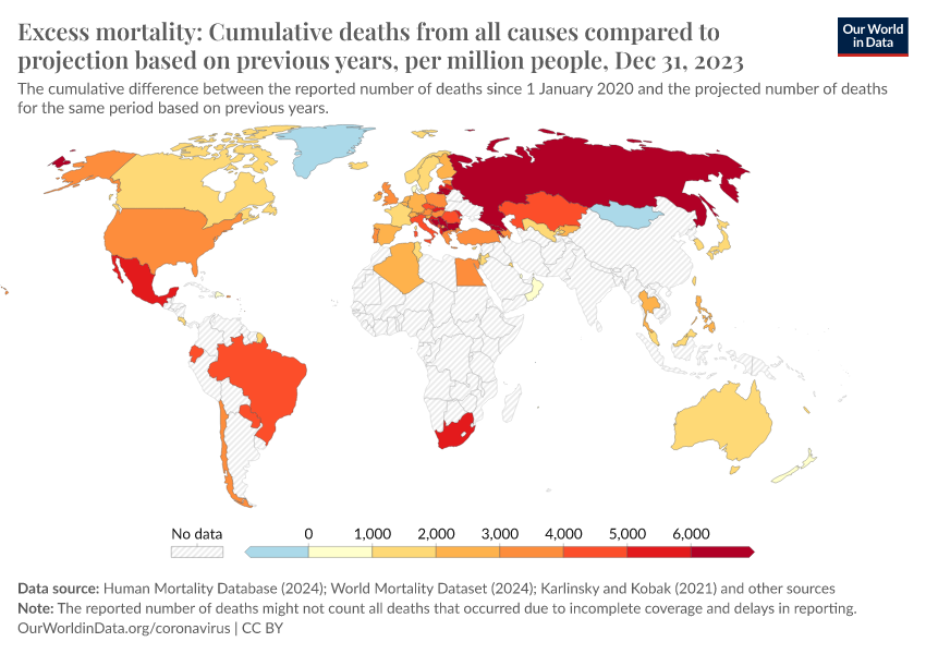 A thumbnail of the "Excess mortality: Cumulative deaths from all causes compared to projection based on previous years, per million people" chart