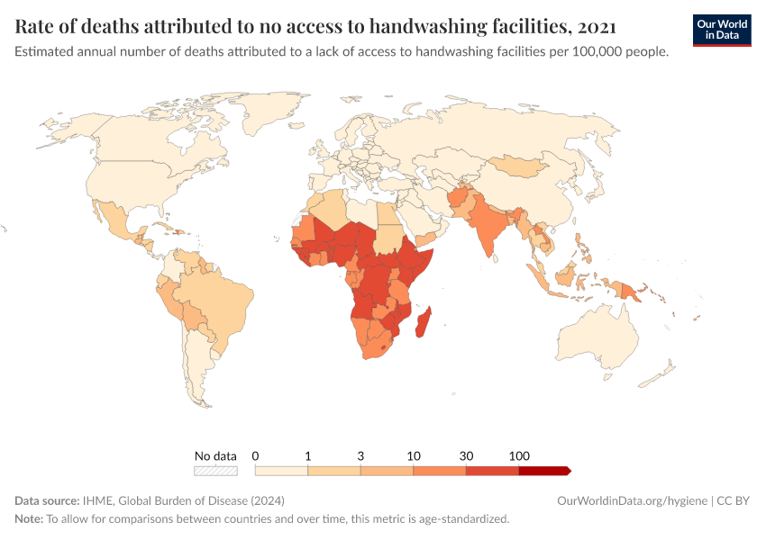 A thumbnail of the "Rate of deaths attributed to no access to handwashing facilities" chart