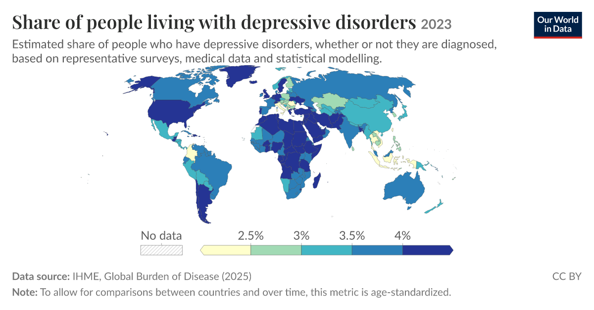 Share of people living with depressive disorders | Our World in Data