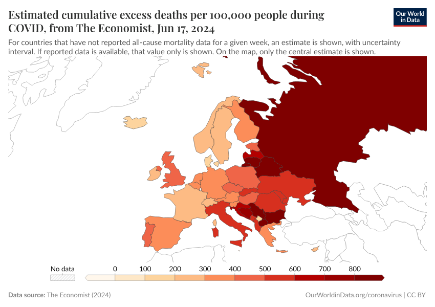 Estimated cumulative excess deaths per 100,000 people during COVID, from The Economist