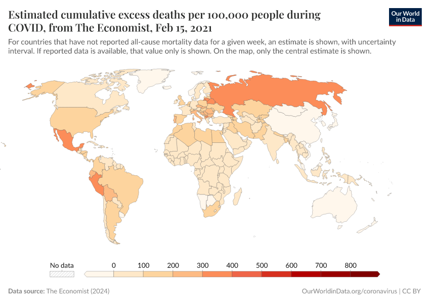 Estimated cumulative excess deaths per 100,000 people during COVID, from The Economist