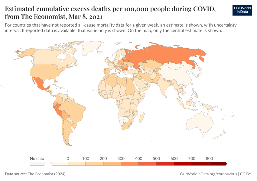 Estimated cumulative excess deaths per 100,000 people during COVID, from The Economist