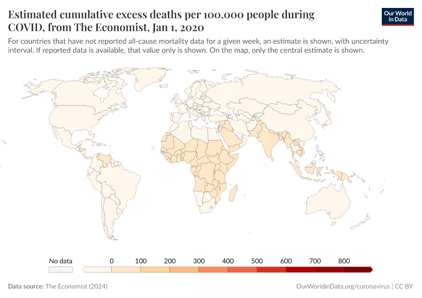Estimated cumulative excess deaths per 100,000 people during COVID, from The Economist