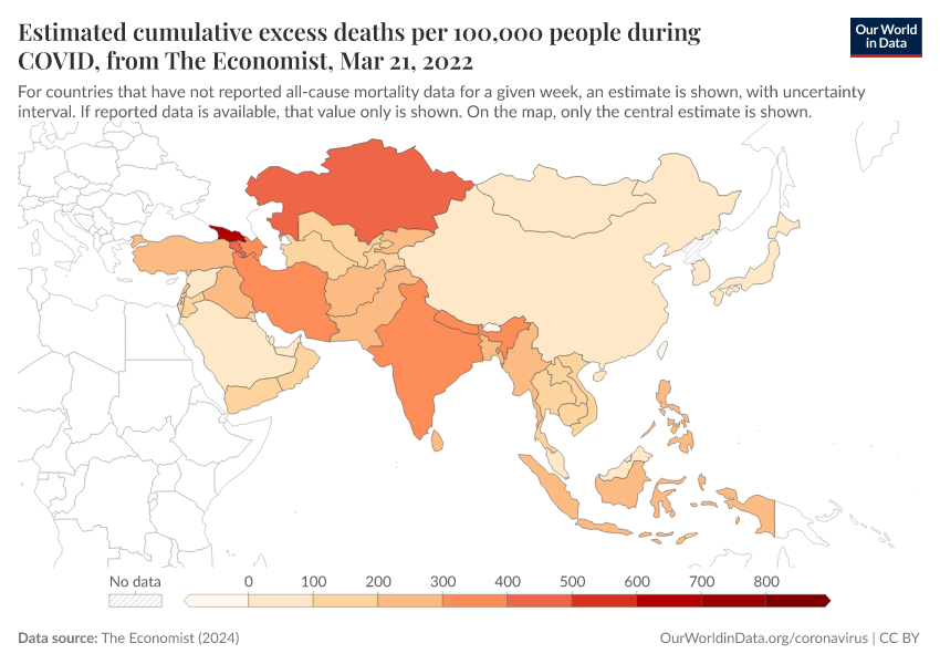 Estimated cumulative excess deaths per 100,000 people during COVID, from The Economist