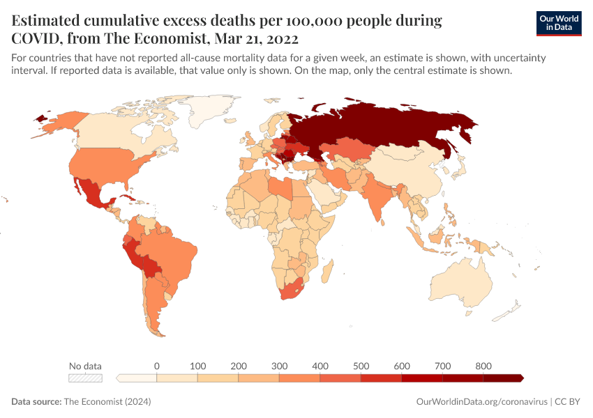 Estimated cumulative excess deaths per 100,000 people during COVID, from The Economist