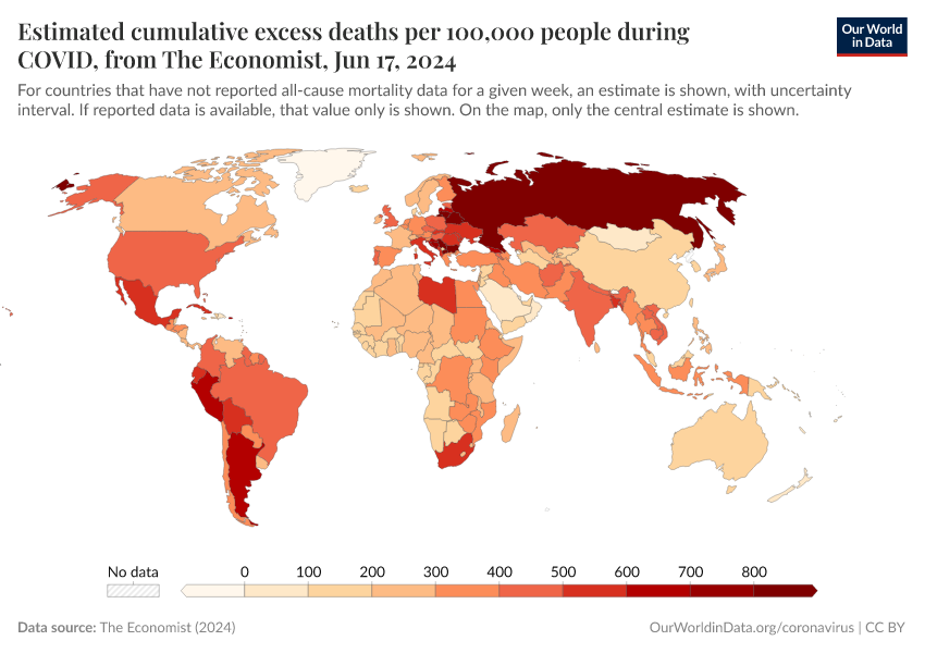 Estimated cumulative excess deaths per 100,000 people during COVID, from The Economist