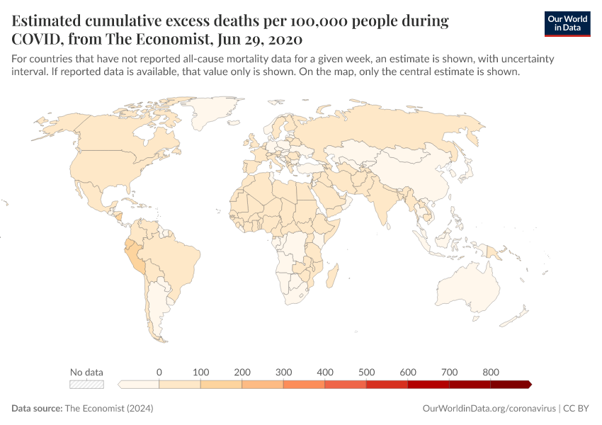 Estimated cumulative excess deaths per 100,000 people during COVID, from The Economist