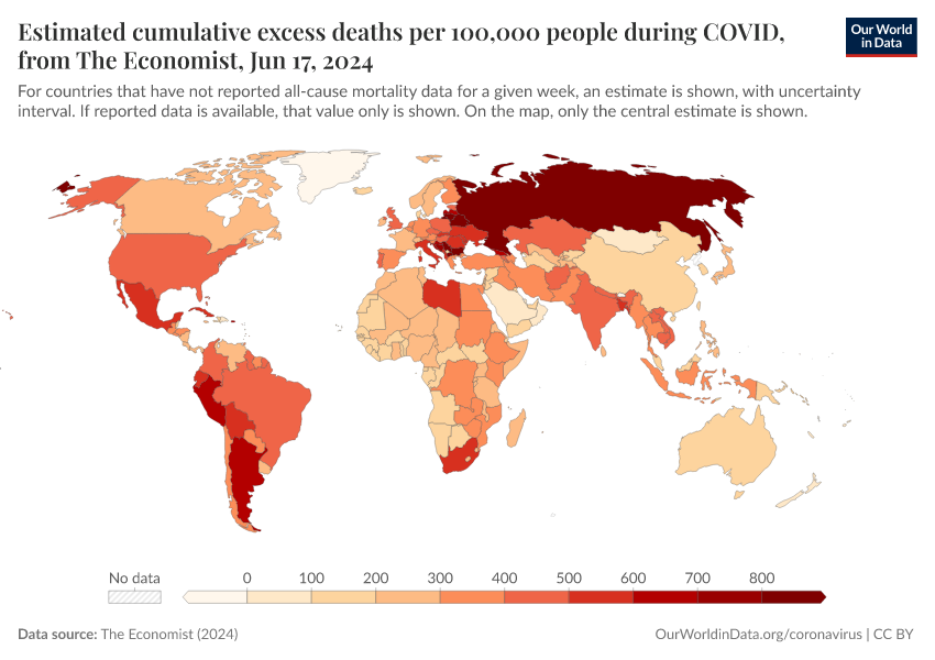 Estimated cumulative excess deaths per 100,000 people during COVID, from The Economist