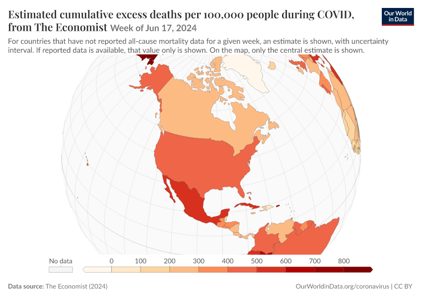 Estimated cumulative excess deaths per 100,000 people during COVID, from The Economist
