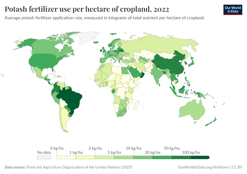 Potash fertilizer use per hectare of cropland Our World in Data