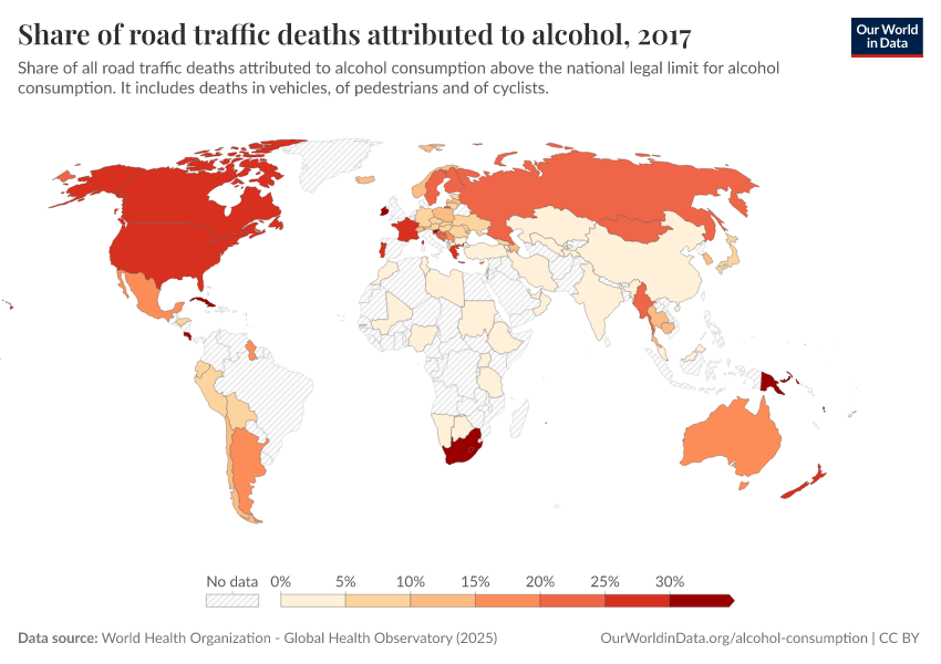 Share of road traffic deaths attributed to alcohol - Our World in Data