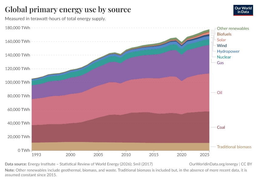 Global primary energy use by source